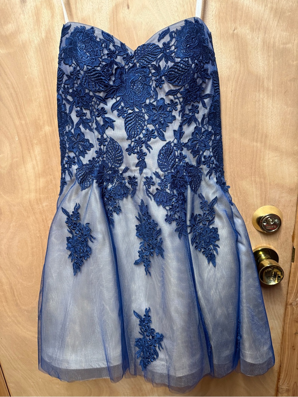 La Femme Navy Blue Strapless Embroidered Tulle Cocktail Dress